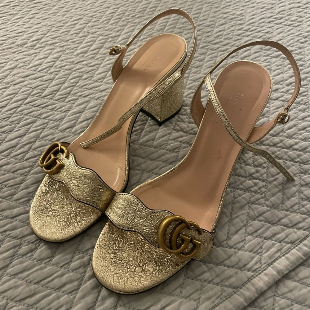 Gucci GG Marmot Gold Metallic Leather Platform Sandals
